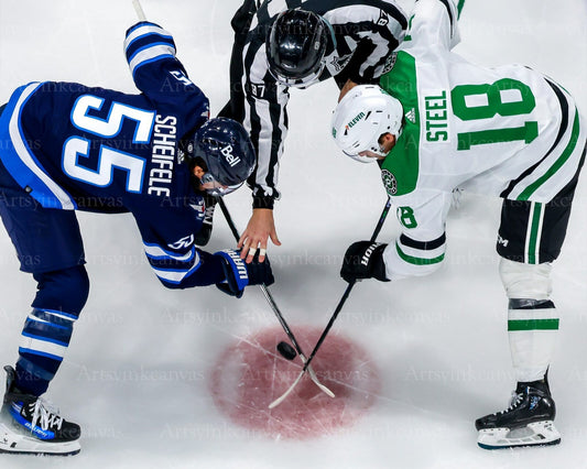 Mark Scheifele vs Sam Steel faceoff Jets vs Stars canvas wall art