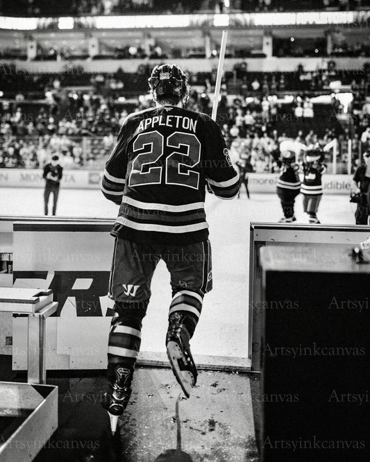 Mason Appleton running onto the ice black and white canvas wall art