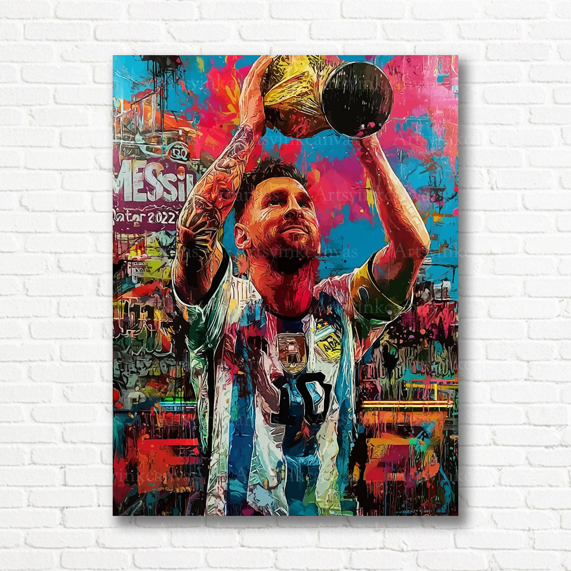 Lionel Messi trophy graffiti canvas print