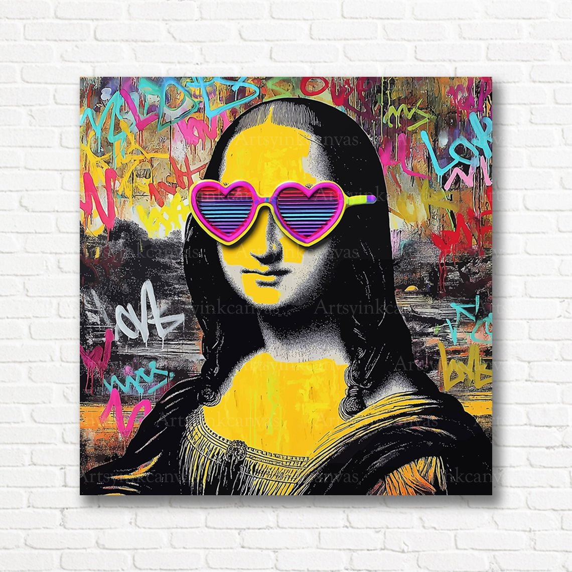 Mona Lisa neon graffiti canvas print