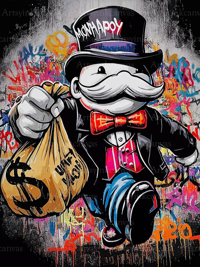 Mr. Monopoly Fortune graffiti canvas wall art for modern game room decor