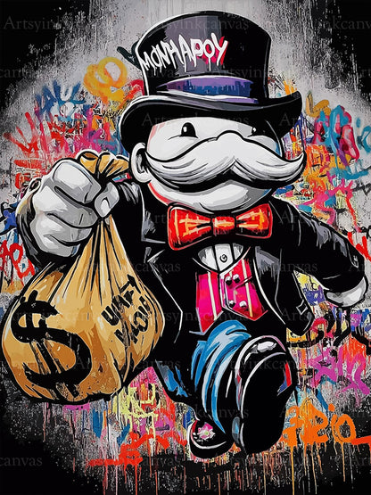 Mr. Monopoly Fortune graffiti canvas wall art for modern game room decor