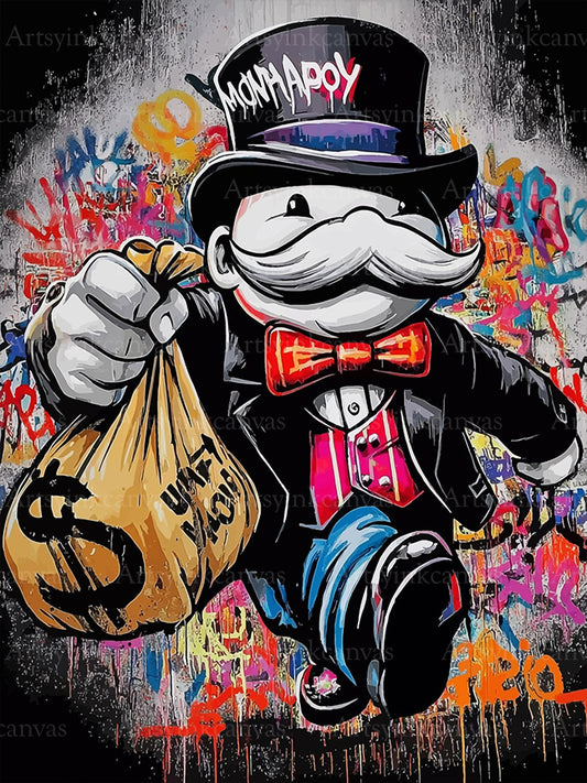 Mr. Monopoly Fortune graffiti canvas wall art for modern game room decor