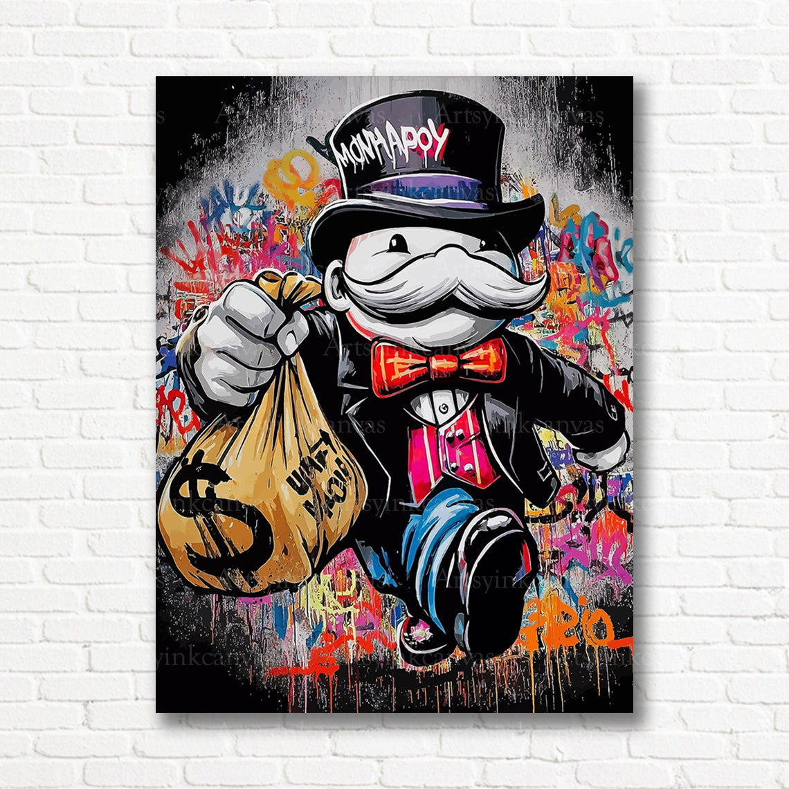 Mr. Monopoly character artwork with bold urban graffiti style for USA homes