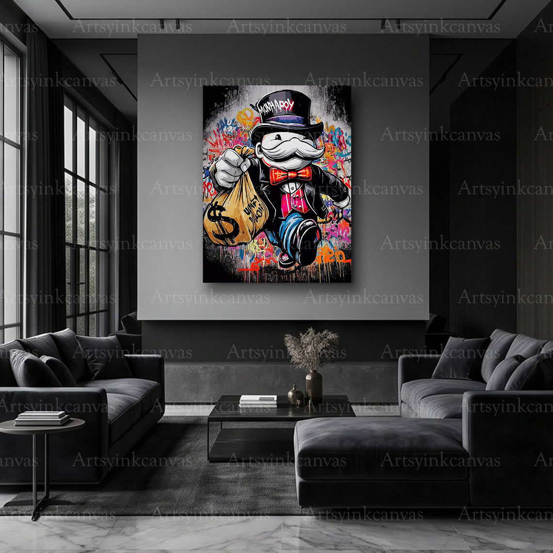 Iconic Mr. Monopoly wall art featuring colorful modern street art styling
