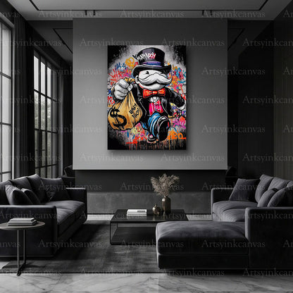 Iconic Mr. Monopoly wall art featuring colorful modern street art styling