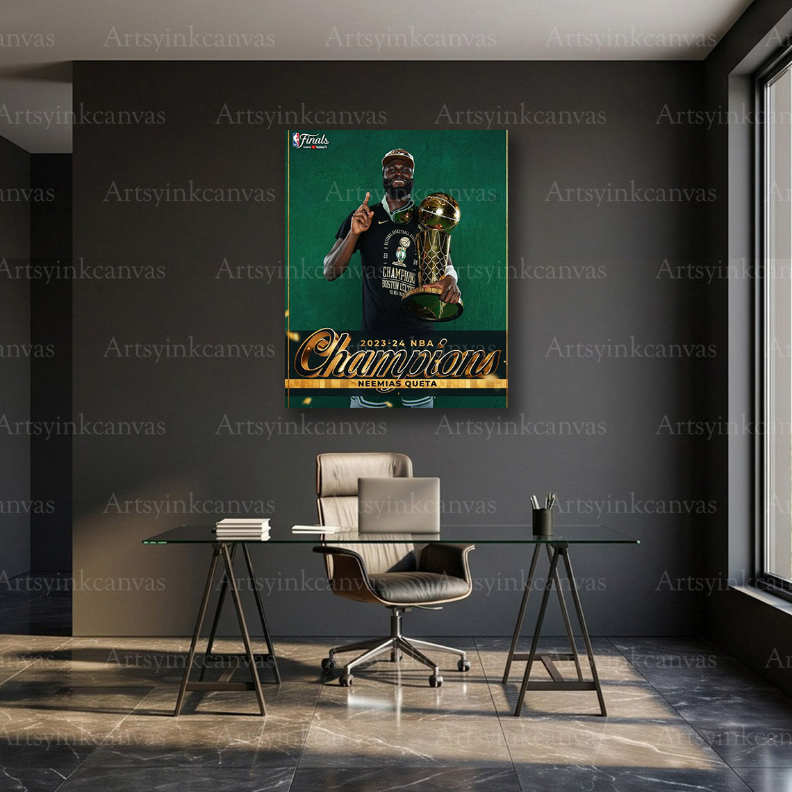 Neemias Queta Championship Trophy Canvas Wall Art | Boston Celtics NBA Champions Decor