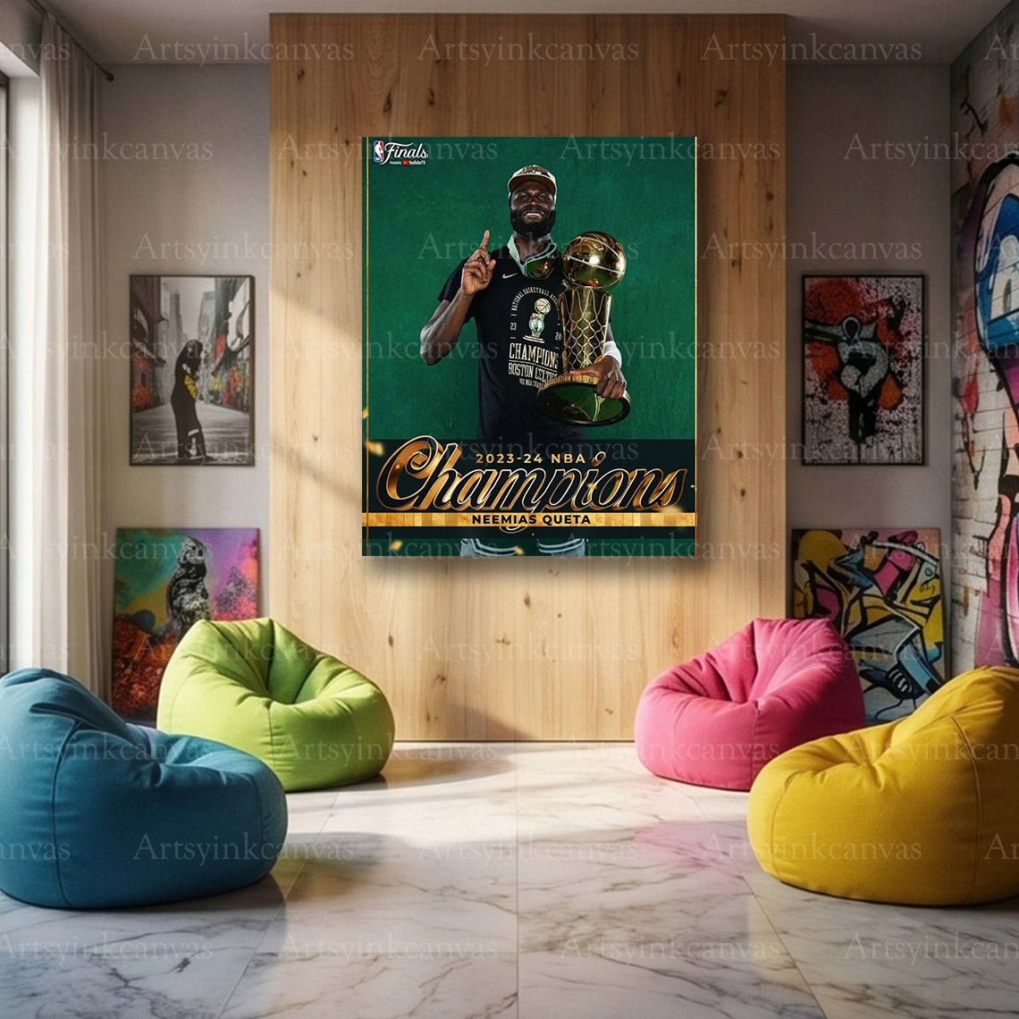 Neemias Queta Championship Trophy Canvas Wall Art | Boston Celtics NBA Champions Decor