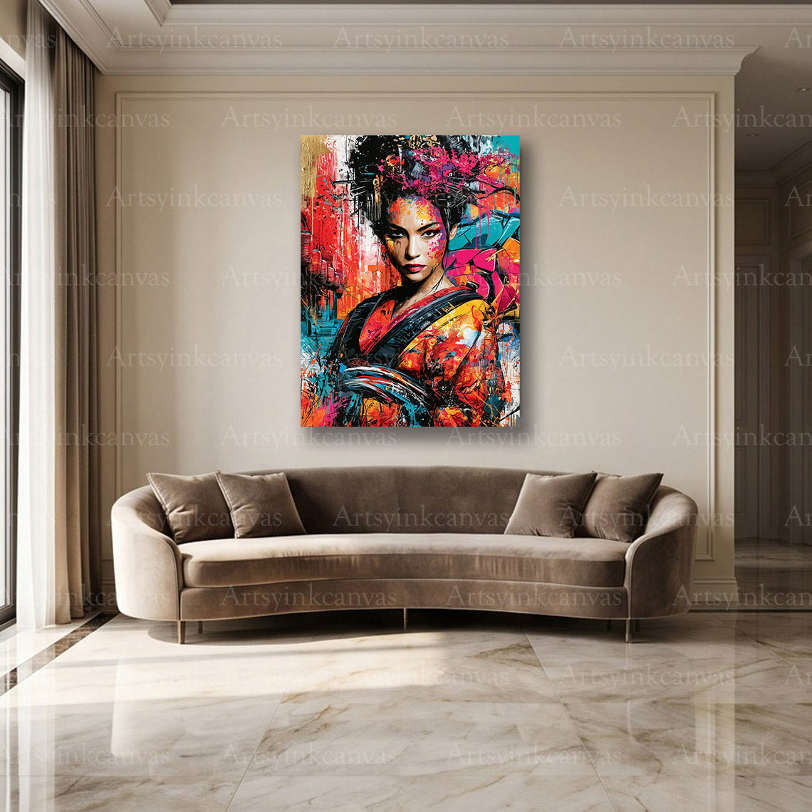 Japanese geisha neon street art wall decor