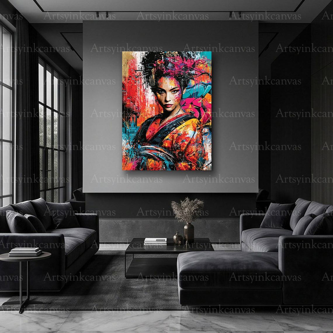 Neon geisha urban graffiti artwork