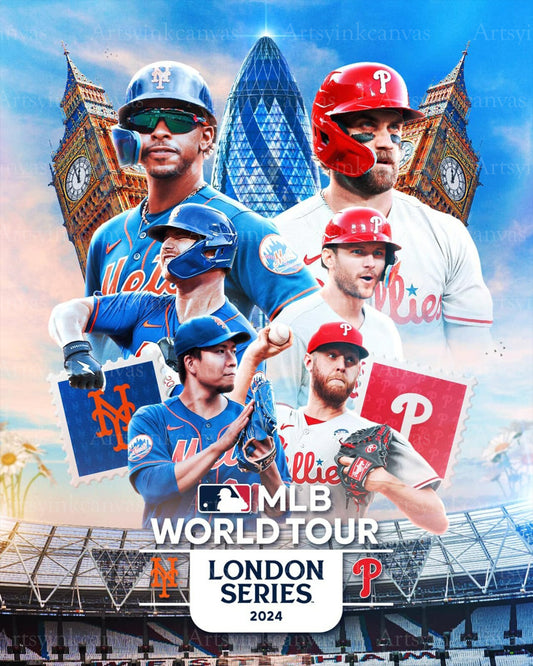 New York Mets vs Philadelphia Phillies 2024 World Tour promo canvas wall art