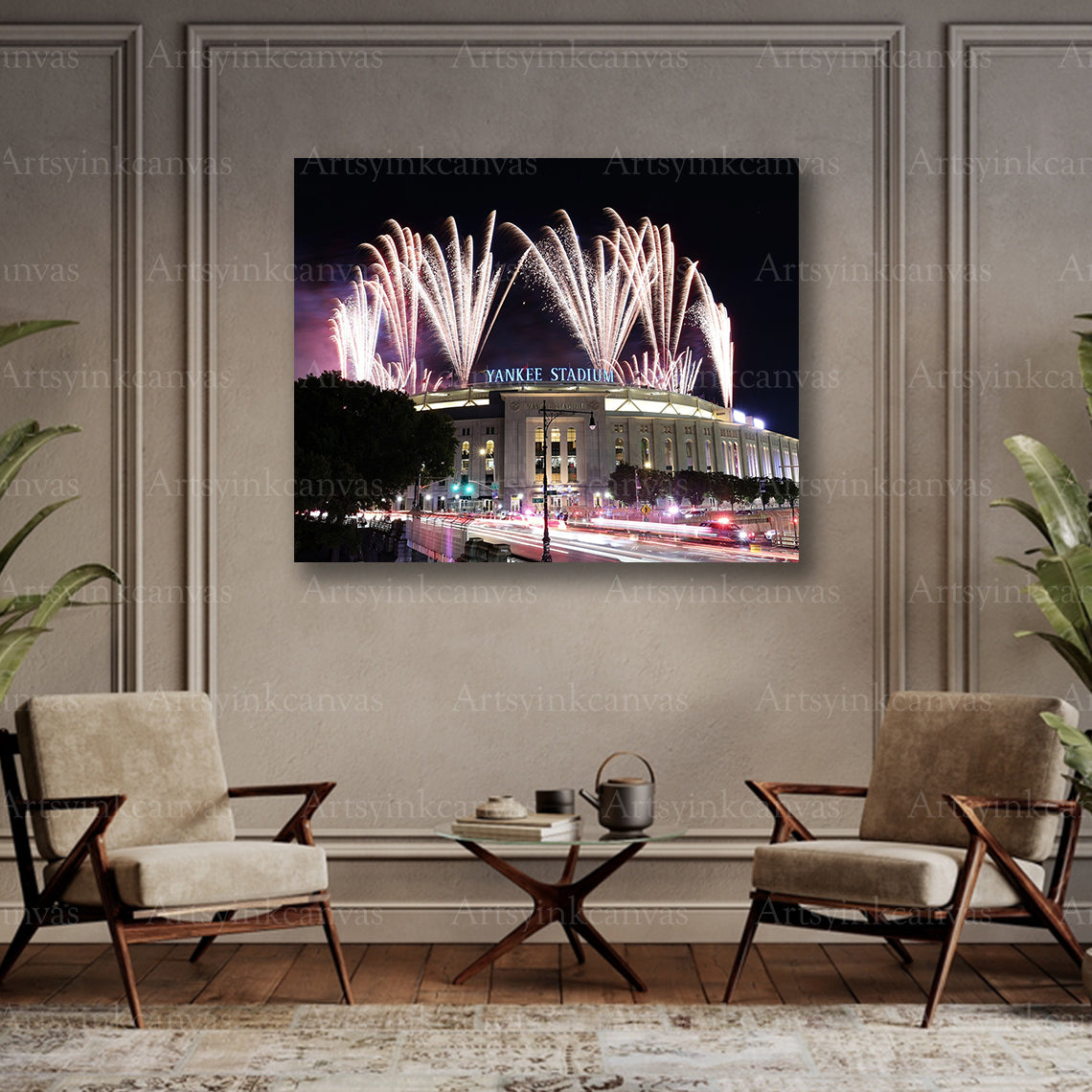 Yankee Stadium night fireworks canvas art