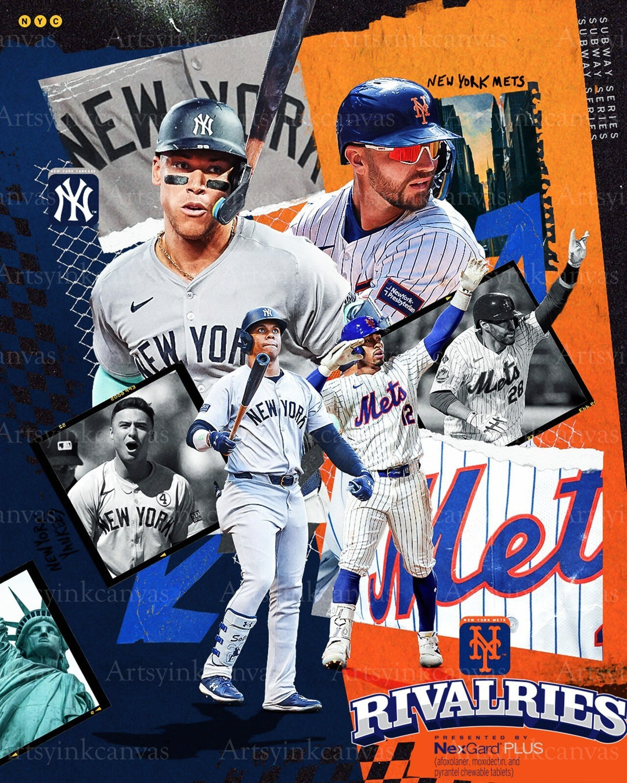 New York Yankees vs New York Mets rivalry collage canvas wall art