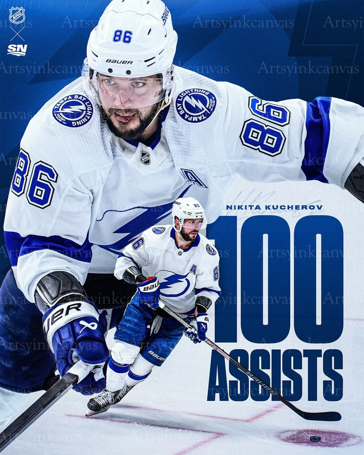 Nikita Kucherov 100 Tampa Bay Lightning canvas wall art