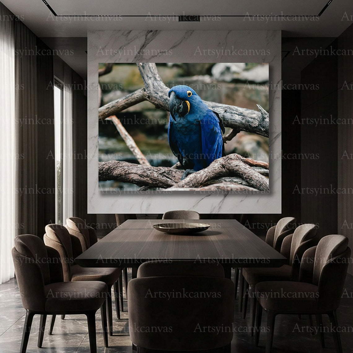 Detailed blue parrot canvas artwork