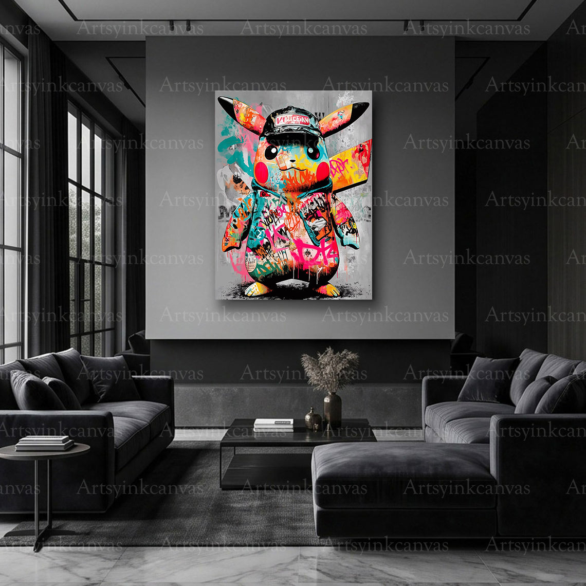 Colorful Pikachu character graffiti wall art