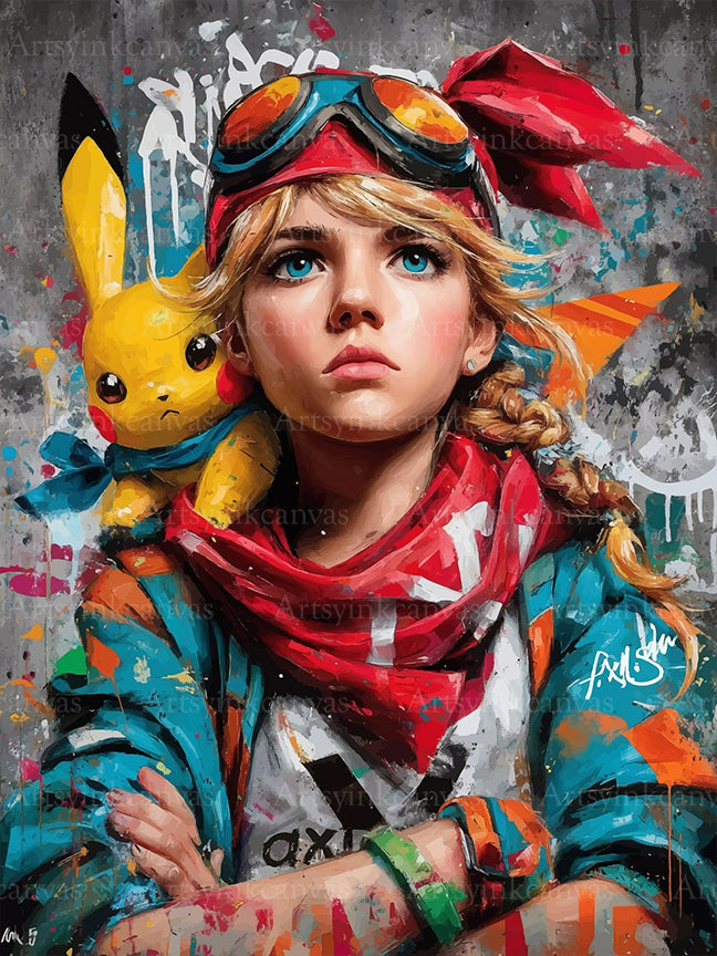 Pikachu and girl graffiti canvas wall art