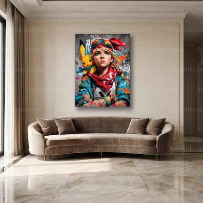Pikachu character and girl street art canvas