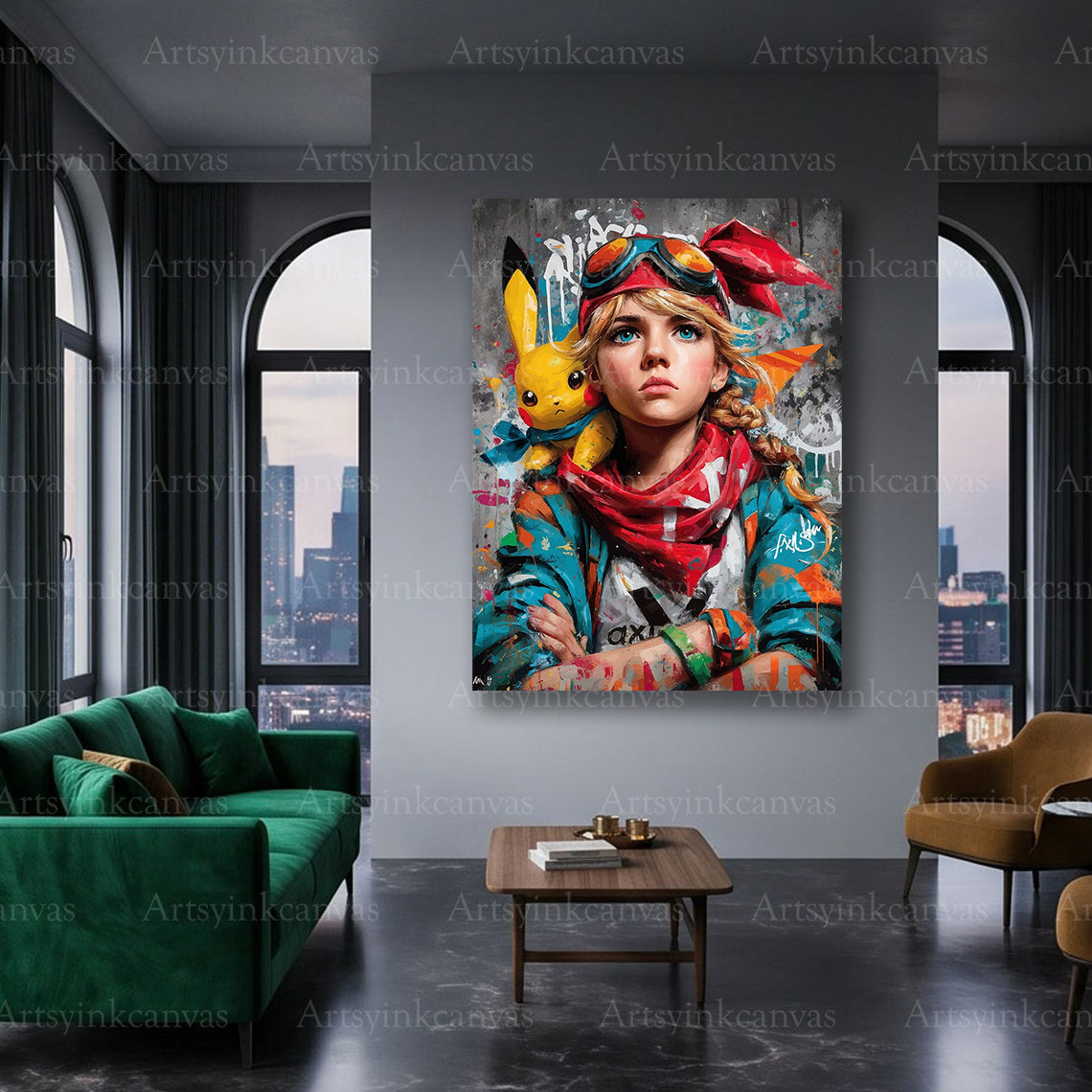 Pikachu inspired character graffiti canvas wall decor