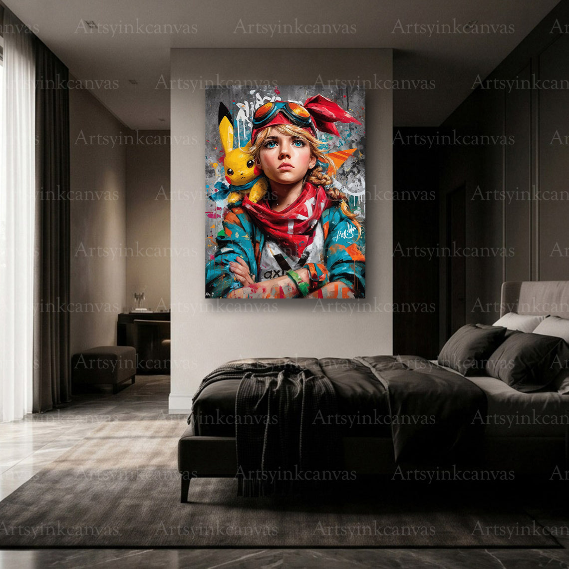 Premium Pikachu and girl graffiti canvas Made in USA