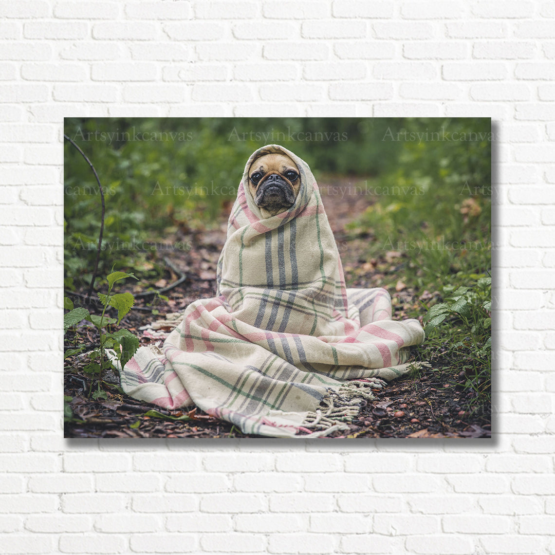 Adorable pug dog plaid canvas print