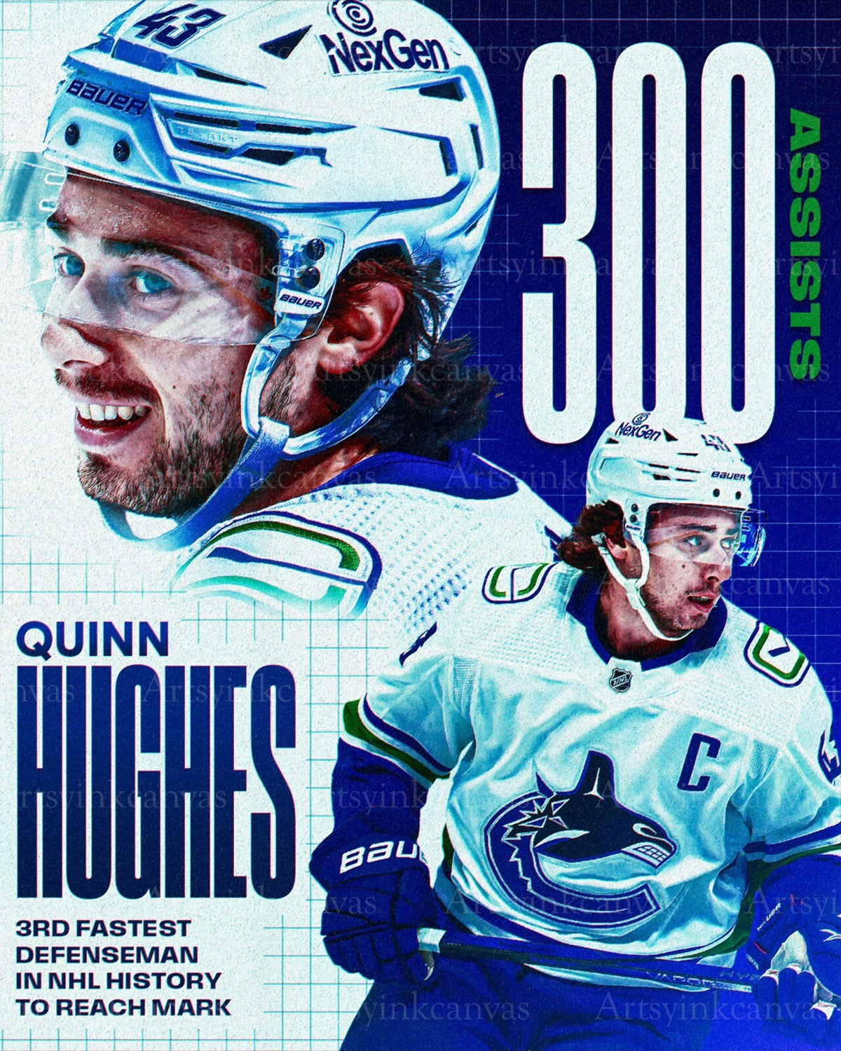 Quinn Hughes 300 assists collage Vancouver Canucks canvas wall art