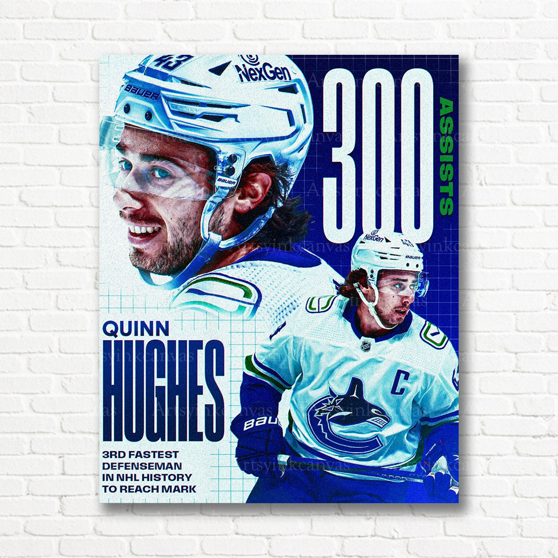 Quinn Hughes 300 career assists Canucks canvas print