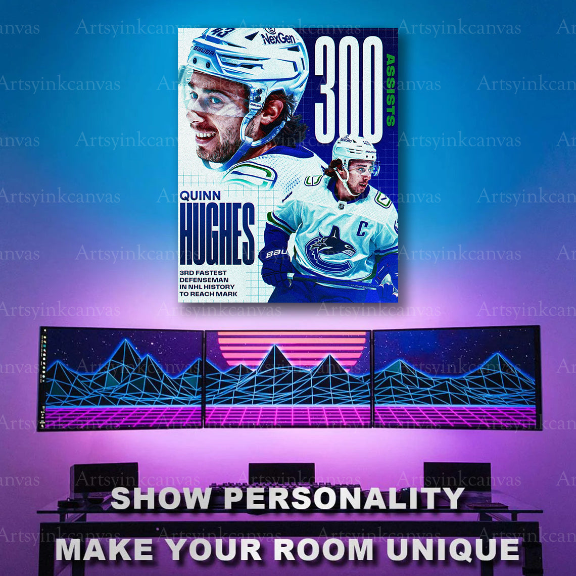 Quinn Hughes assist milestone hockey collage artwork