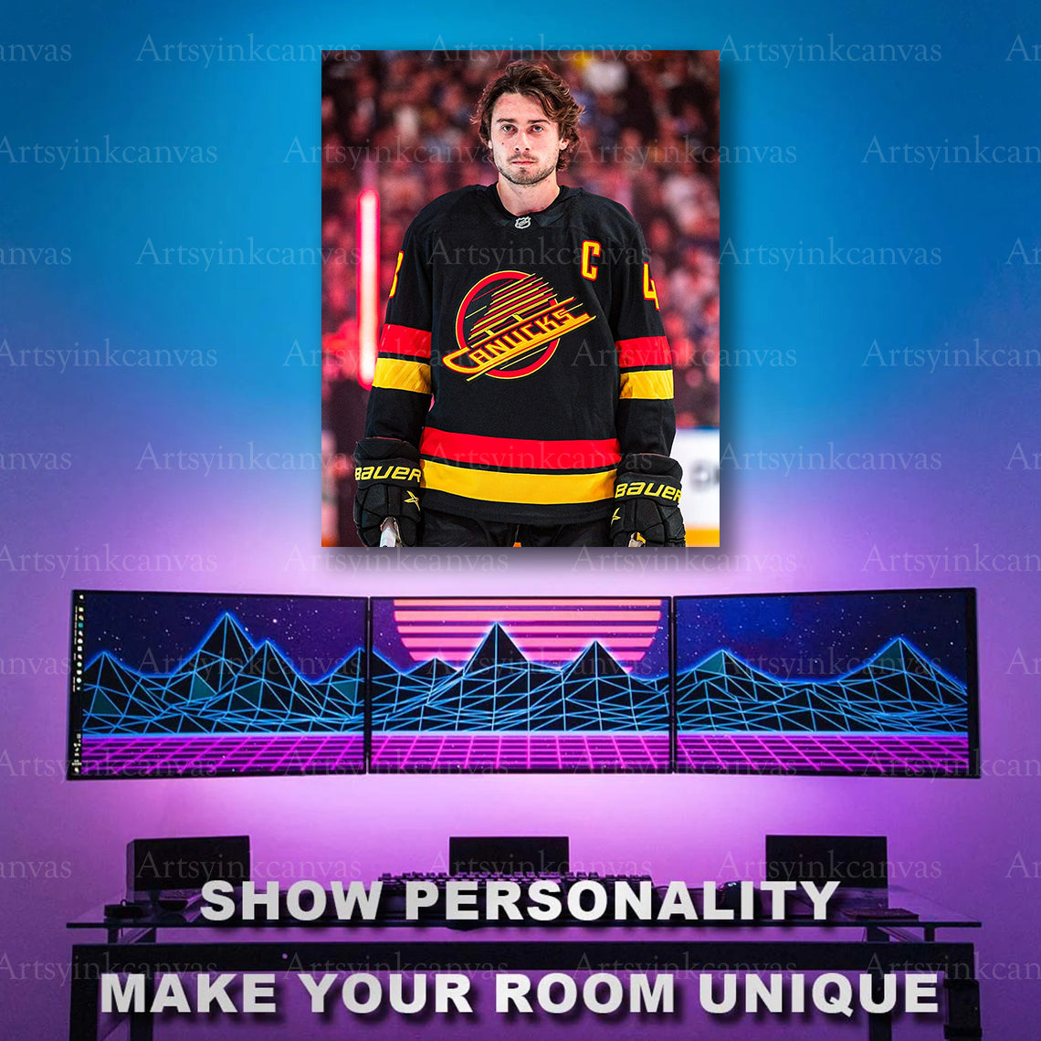 Quinn Hughes Vancouver Canucks throwback hockey artwork