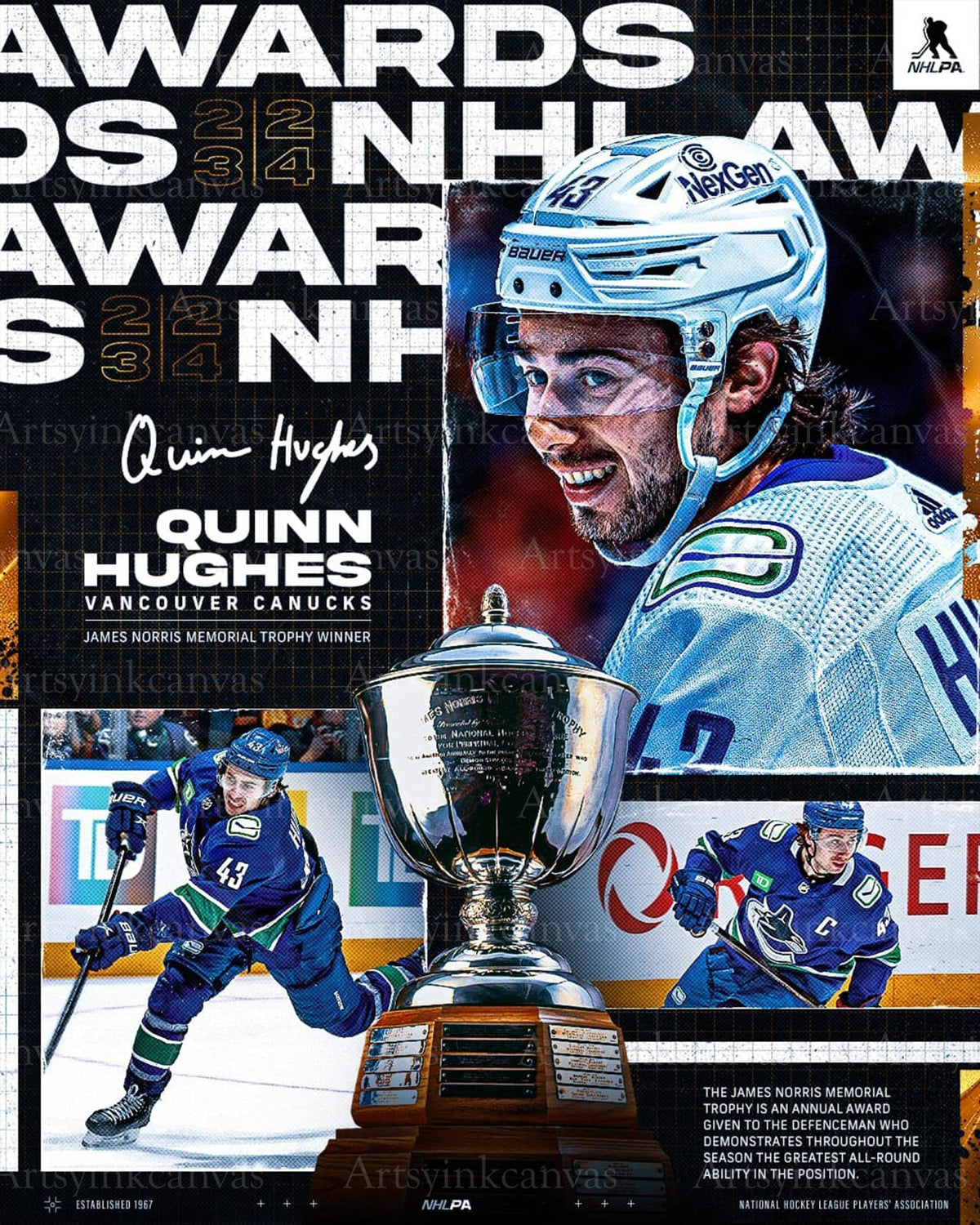 Quinn Hughes Norris Trophy winner Vancouver Canucks canvas wall art