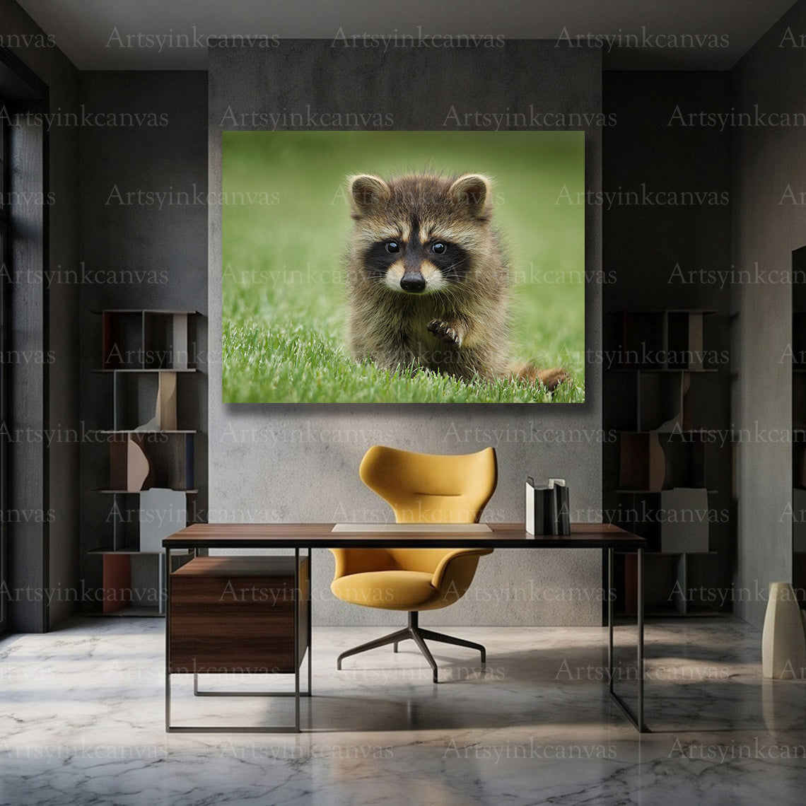 Raccoon surrounded by grass wall decor