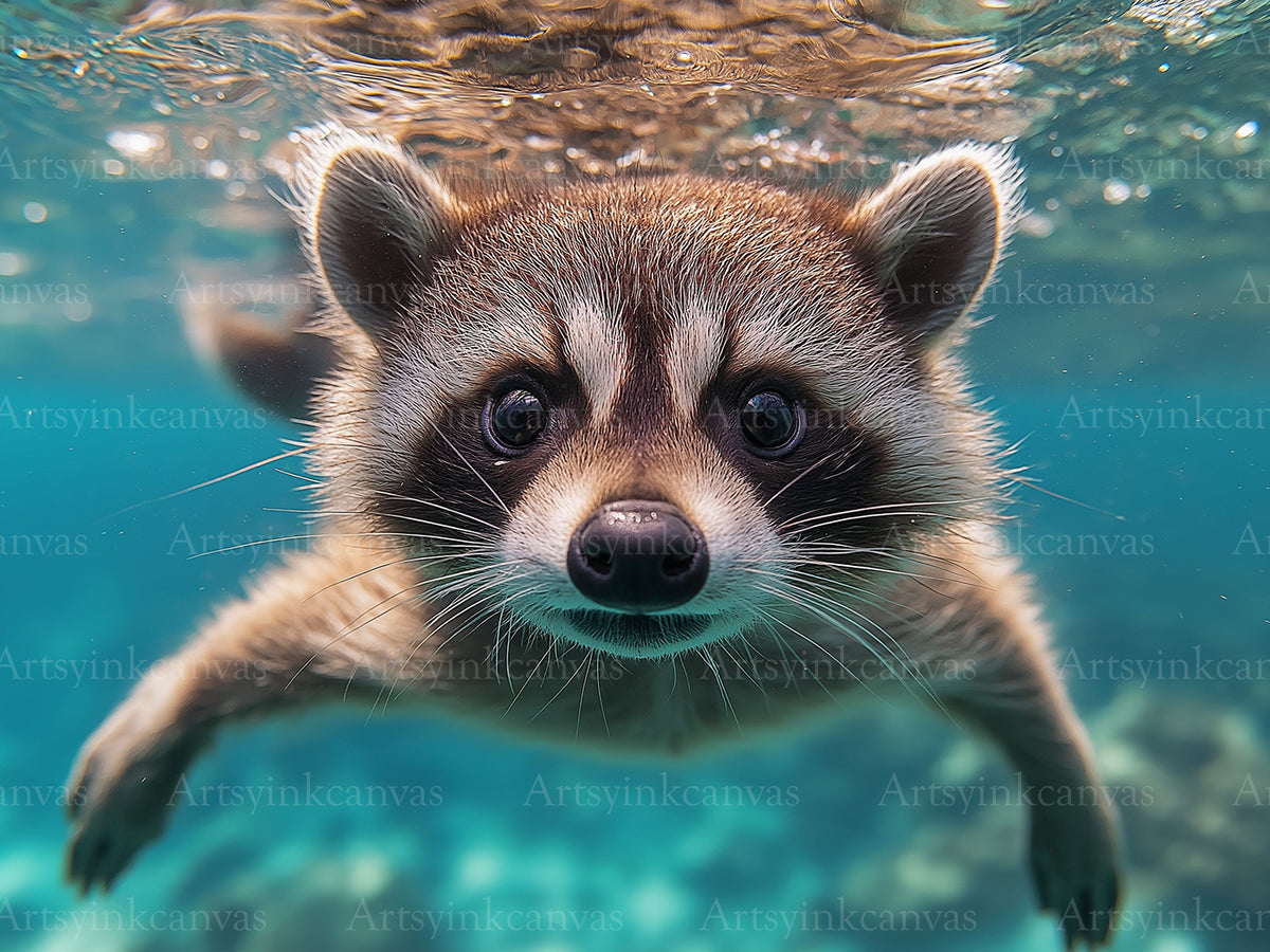 Raccoon underwater canvas wall art