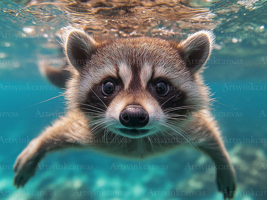 Raccoon underwater canvas wall art
