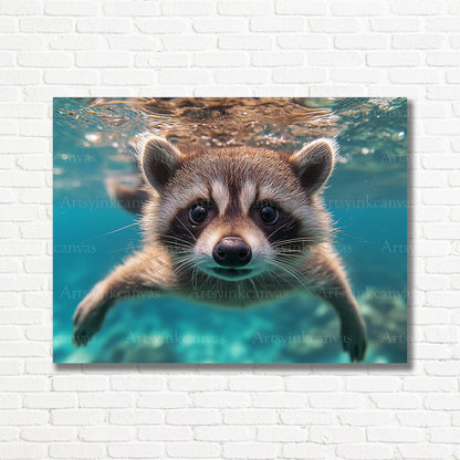 Raccoon swimming underwater canvas print
