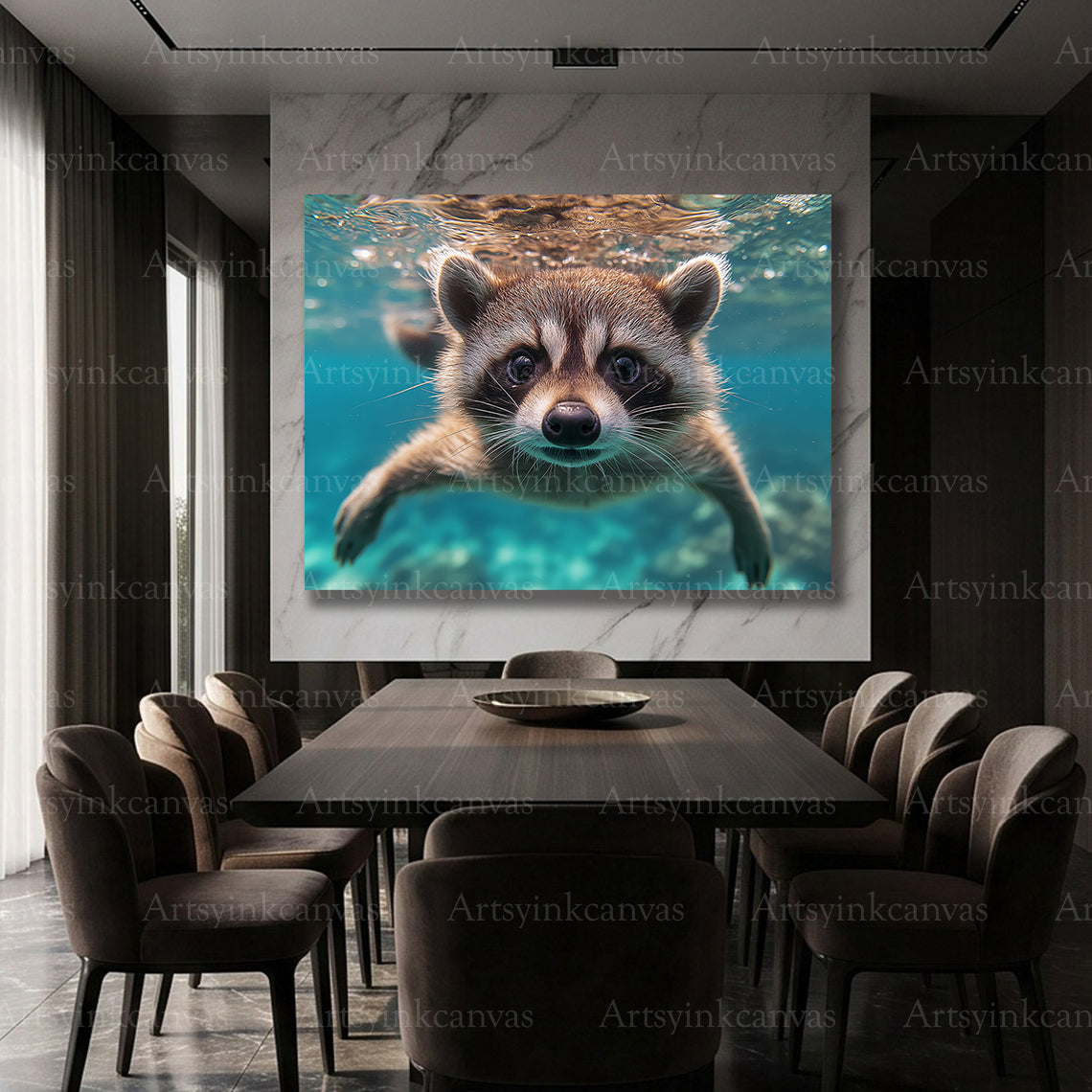 Underwater raccoon wildlife canvas artwork