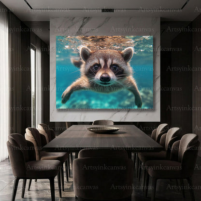 Underwater raccoon wildlife canvas artwork
