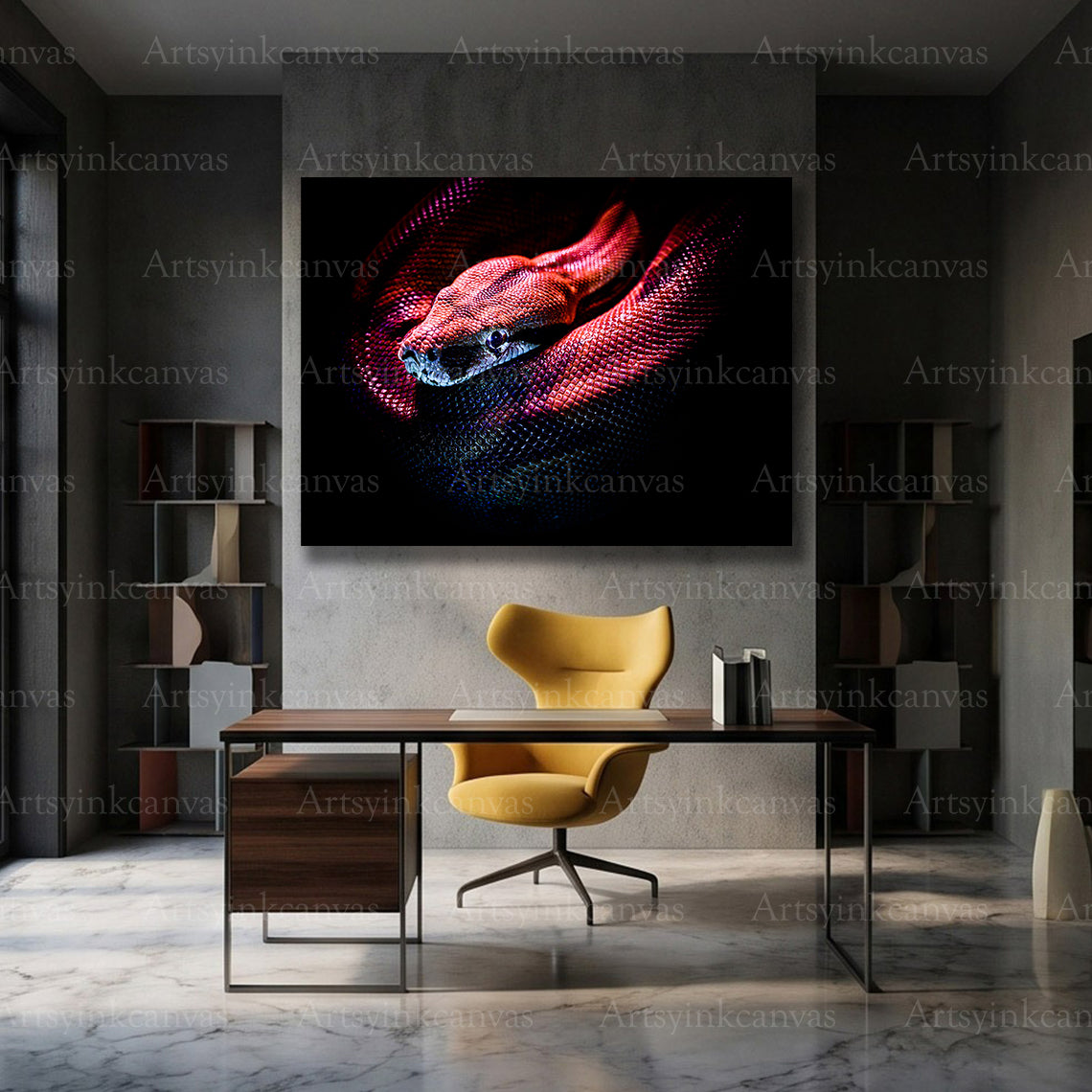 Striking reptile wall decor with red tones