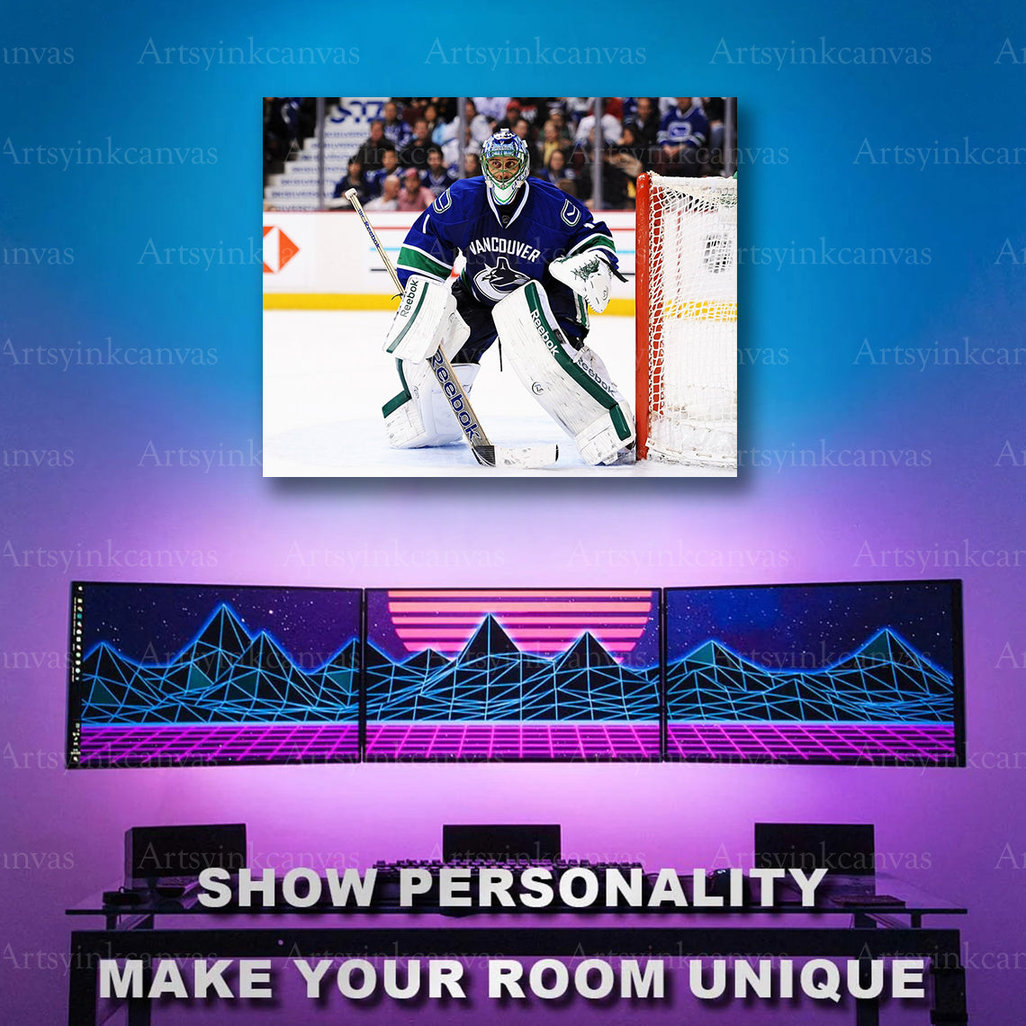 Roberto Luongo in net hockey artwork