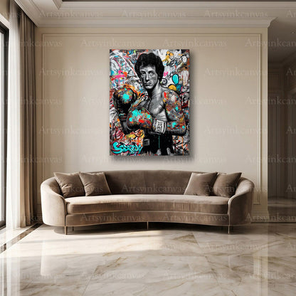 Rocky Balboa graffiti artwork with powerful boxing energy