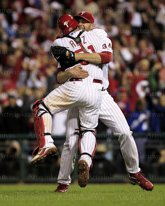 Roy Halladay Carlos Ruiz no-hitter celebration canvas wall art