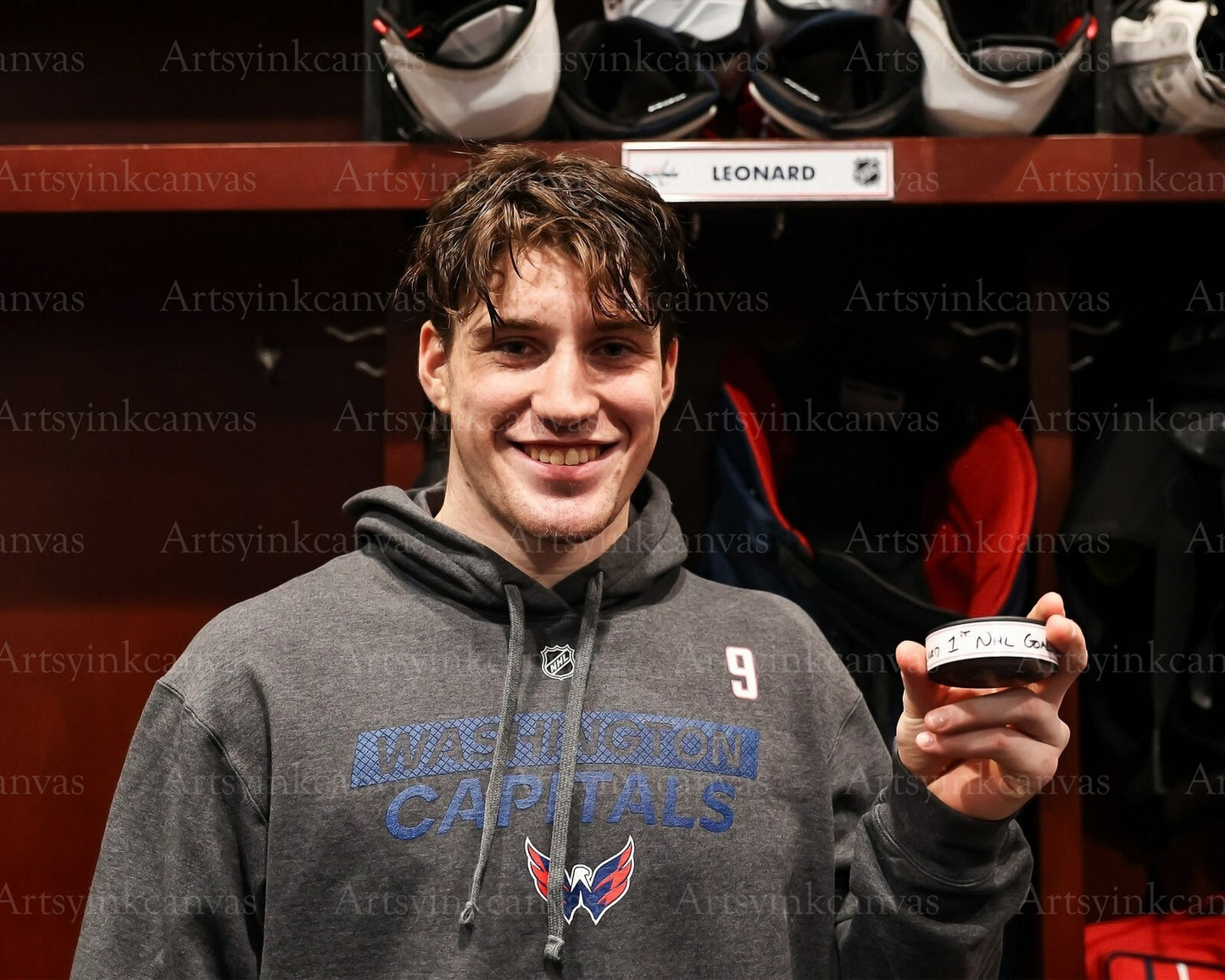 Ryan Leonard First NHL Goal Puck canvas wall art
