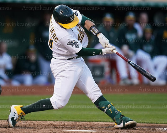 Shea Langeliers swinging action Oakland Athletics canvas wall art