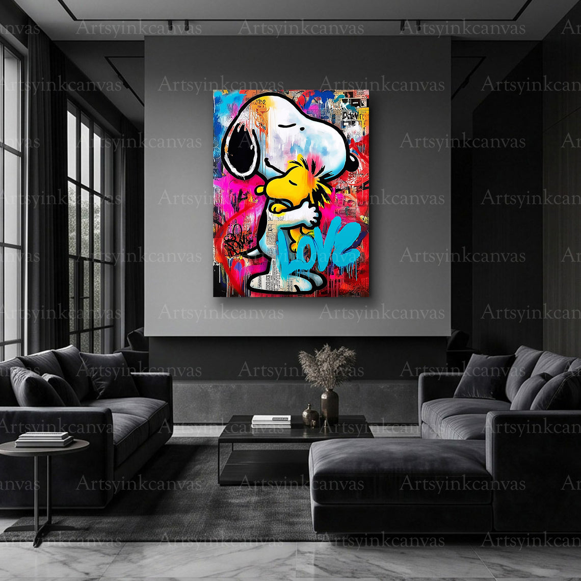 Snoopy and Woodstock vibrant graffiti wall art