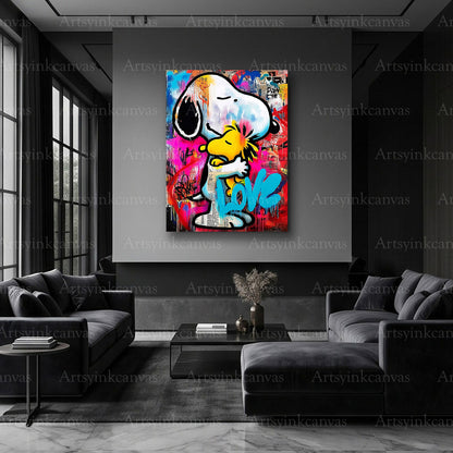 Snoopy and Woodstock vibrant graffiti wall art