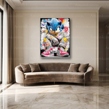 Blue Sonic the Hedgehog canvas wall decor for gaming rooms