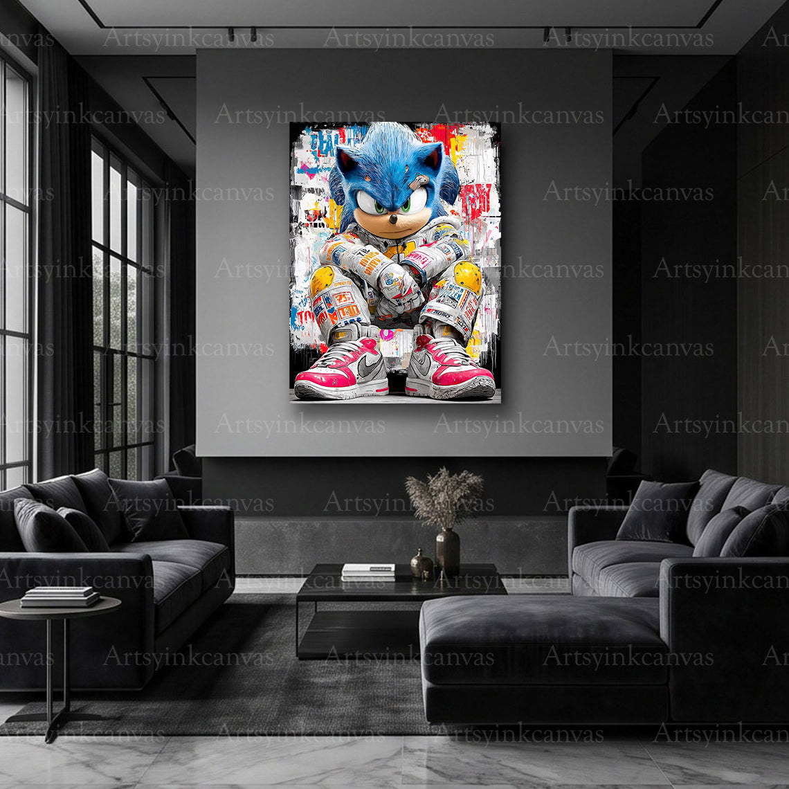 Sonic the Hedgehog action-inspired graffiti wall art