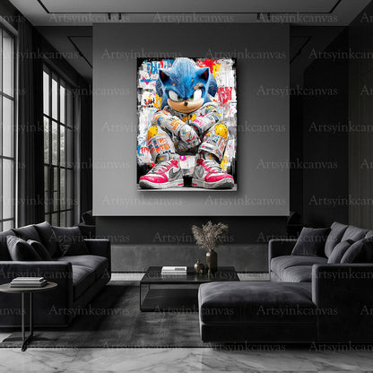Sonic the Hedgehog action-inspired graffiti wall art