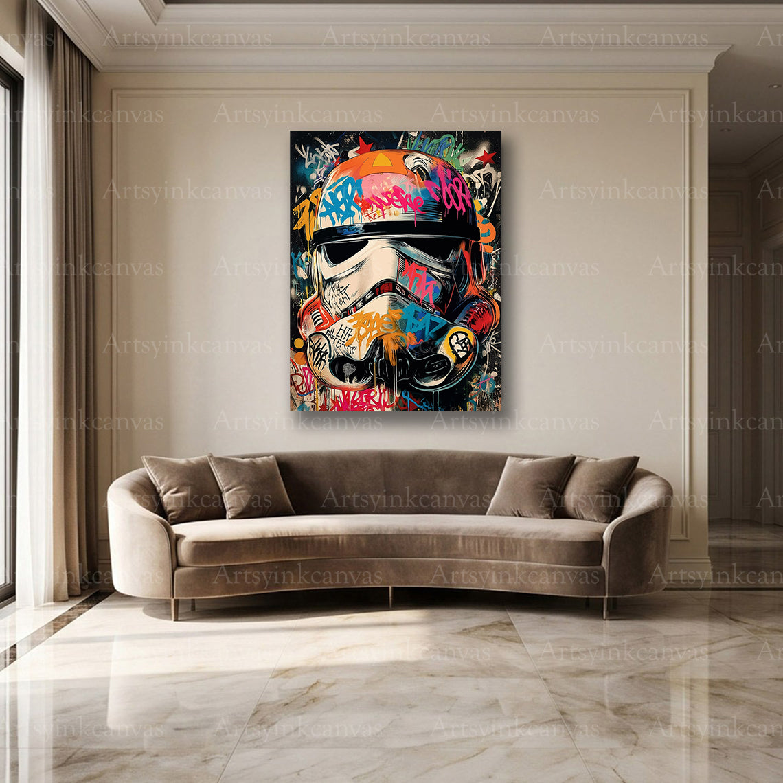 Stormtrooper helmet colorful street art canvas