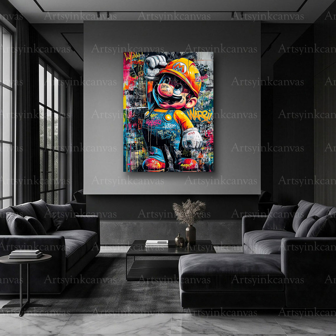 Super Mario pixel-inspired street art canvas