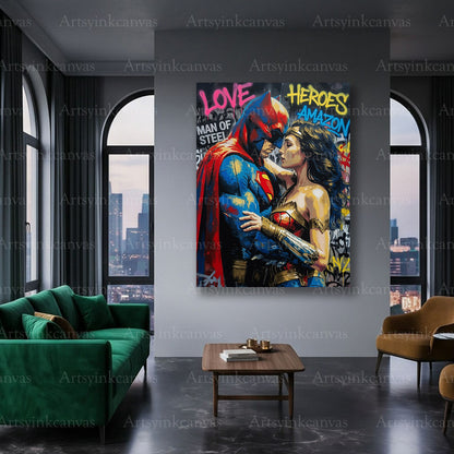 Superman Wonder Woman comic-inspired canvas art